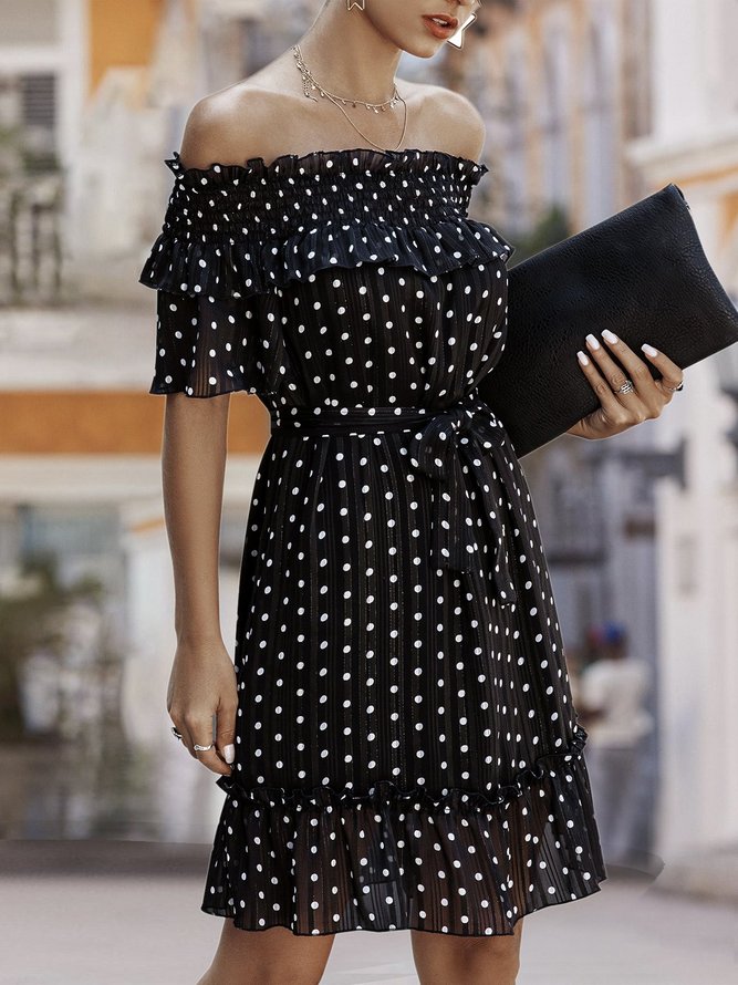 Off Shoulder  Shift Daytime Gathered Polka Dots Mini Dress