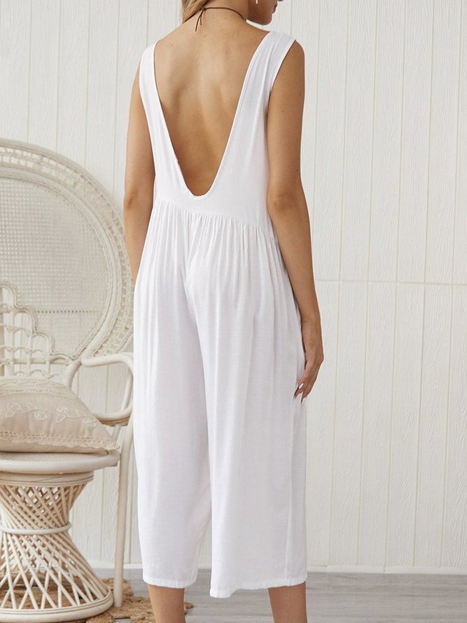 Solid Casual Crew Neck Sleeveless Jumpsuit