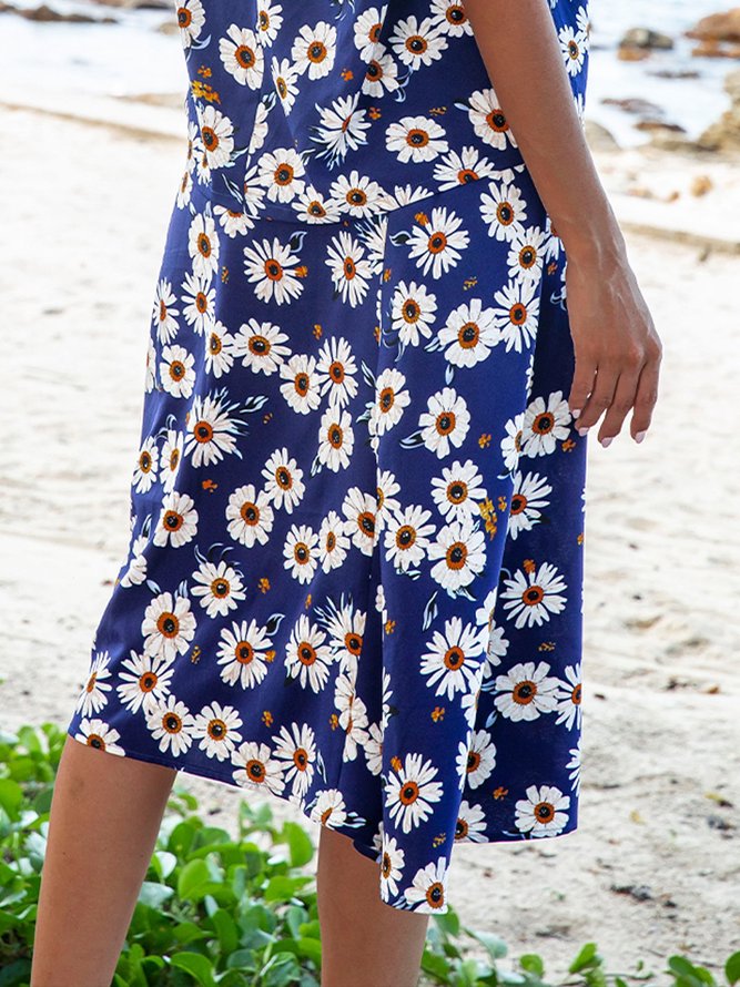 Navy Blue Floral Floral-Print A-Line Holiday Midi Skirt