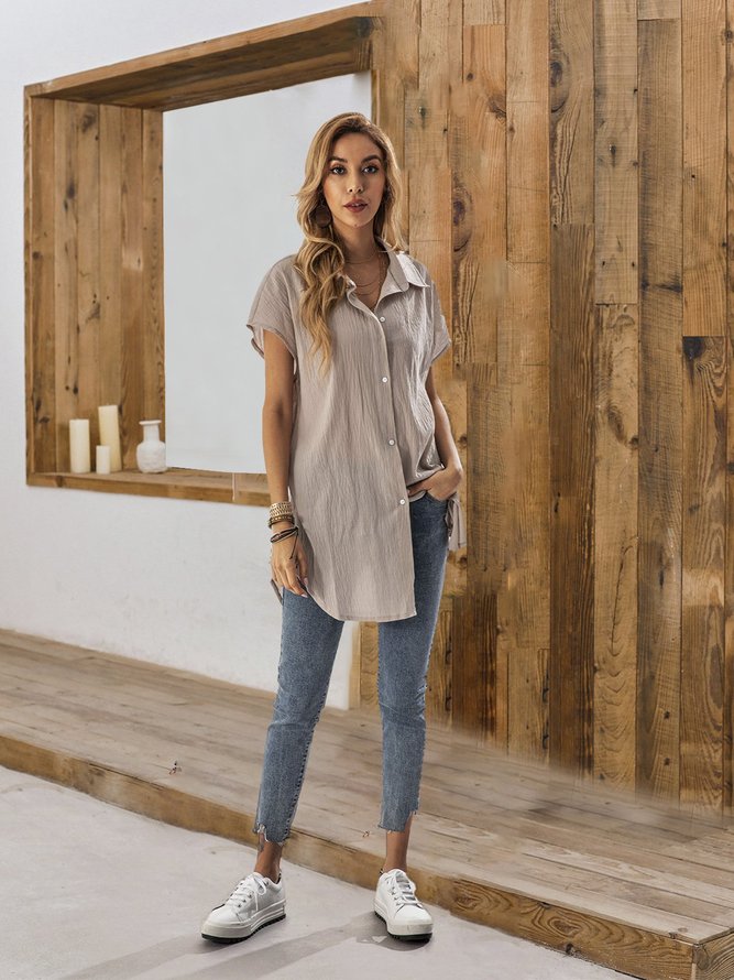 Gray Solid Casual Linen Blouse