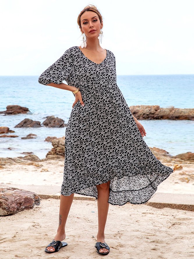 V Neck Black A-Line Beach Floral-Print Midi Dress