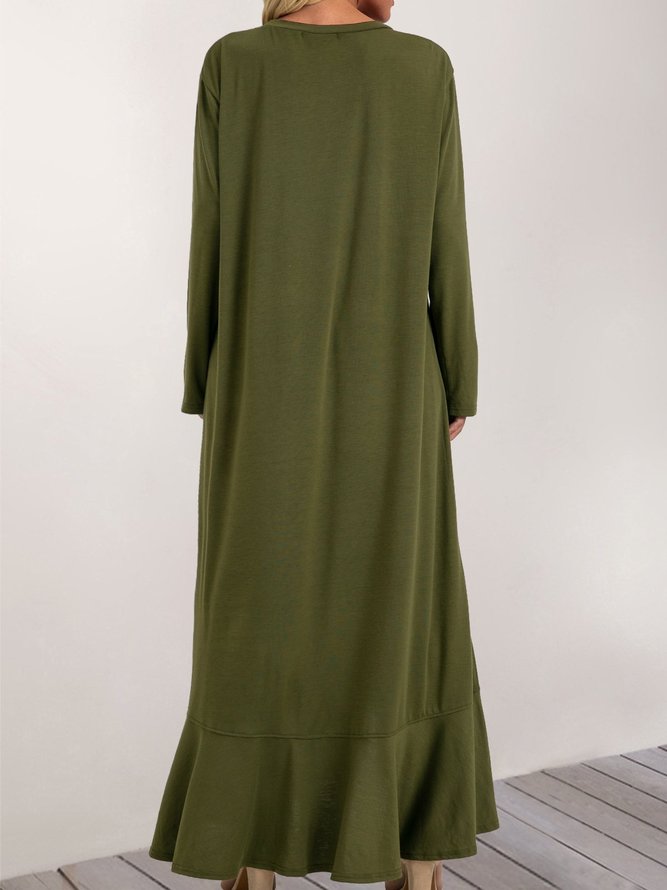 Olive Green Long Sleeve Crew Neck Maxi Dress