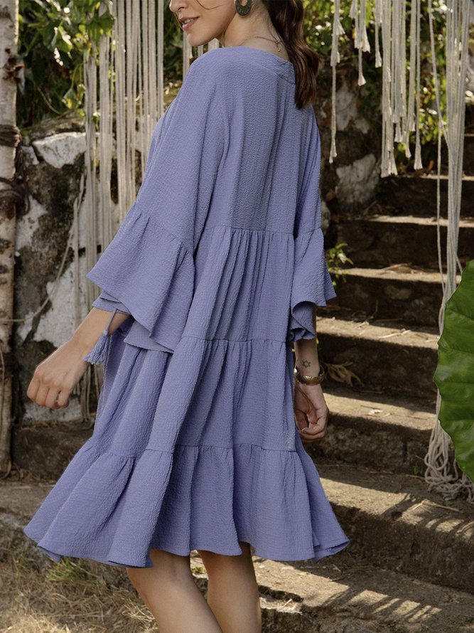 Blue 3/4 Sleeve Cotton-Blend Boho Weaving Dress