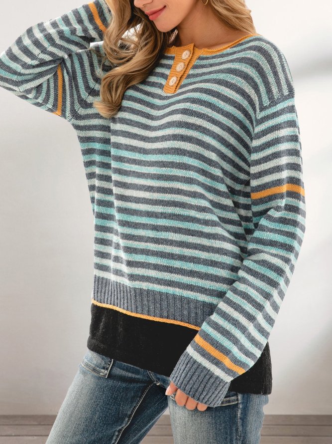 Blue Color-Block Striped Casual Crew Neck Sweater