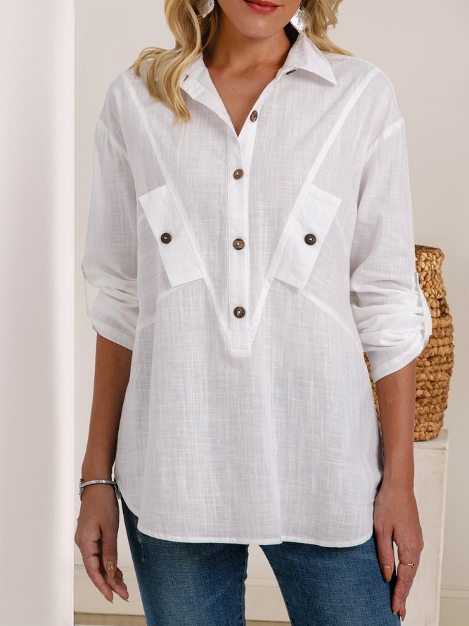 White Plain Cotton-Blend Shift Long Sleeve Shirts Top