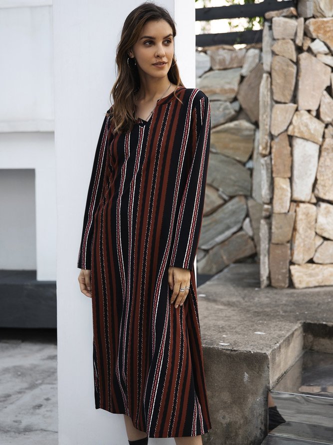 Brown Long Sleeve Paneled Striped Cotton-Blend Knitting Dress