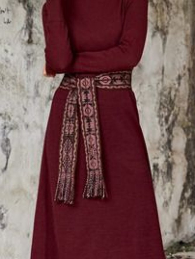 Turtleneck Burgundy  A-Line Solid Midi Dress(Belt excluded)