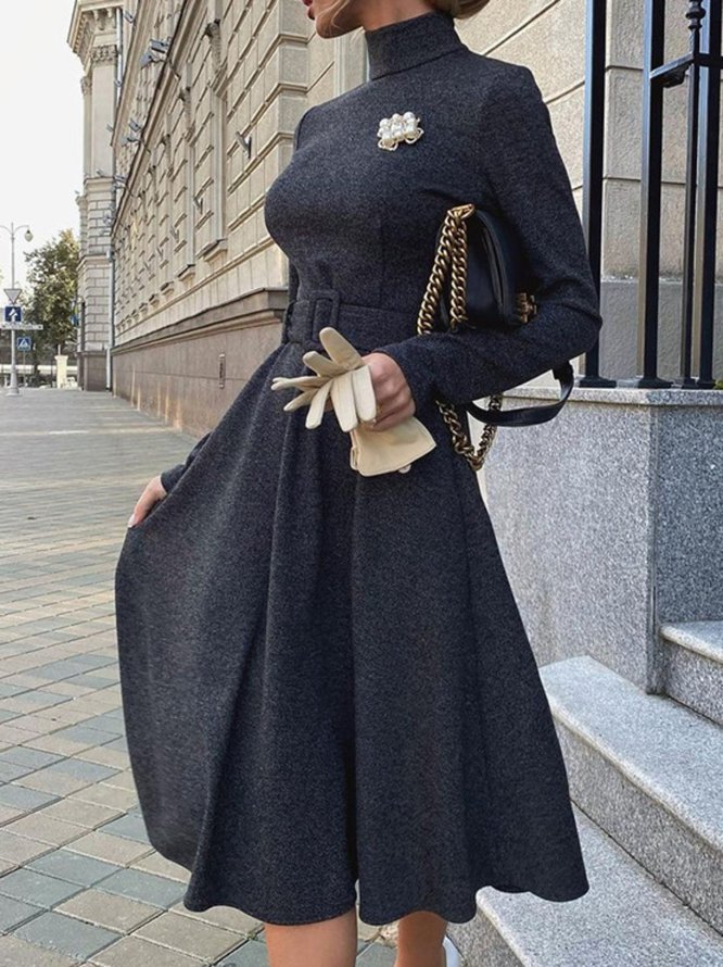 Turtleneck Formal Solid Midi Dress stylewe