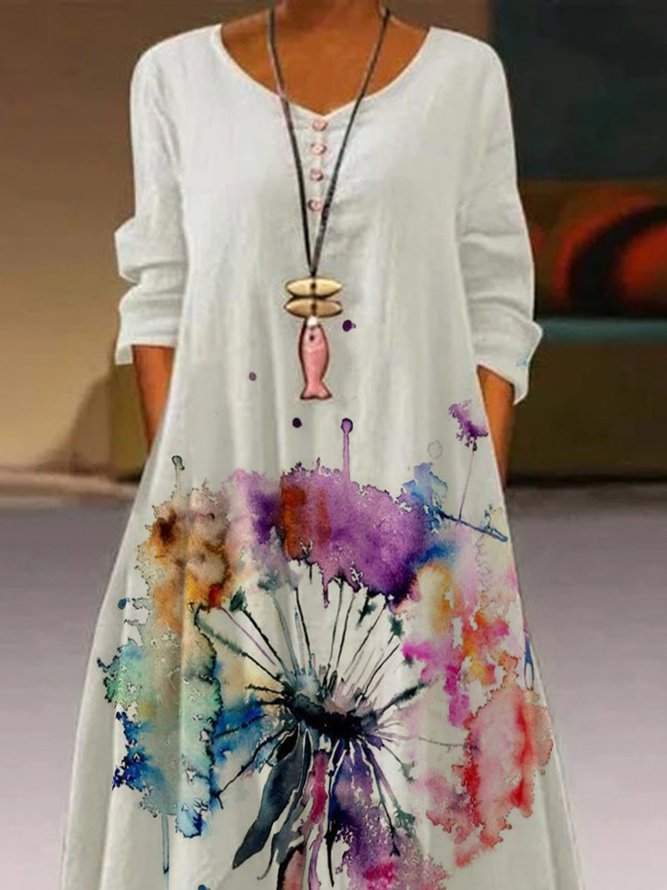 Long Sleeve Floral Daily Swing Crew Neck Casual Maxi Dress
