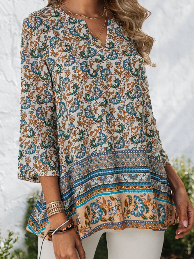 Blue Floral 3/4 Sleeve Holiday Top