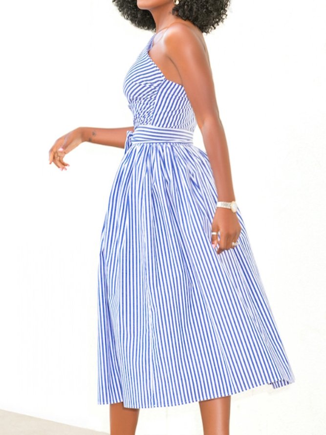 Formal A-Line One Shoulder Sleeveless Pleated Elegant Midi Dresses