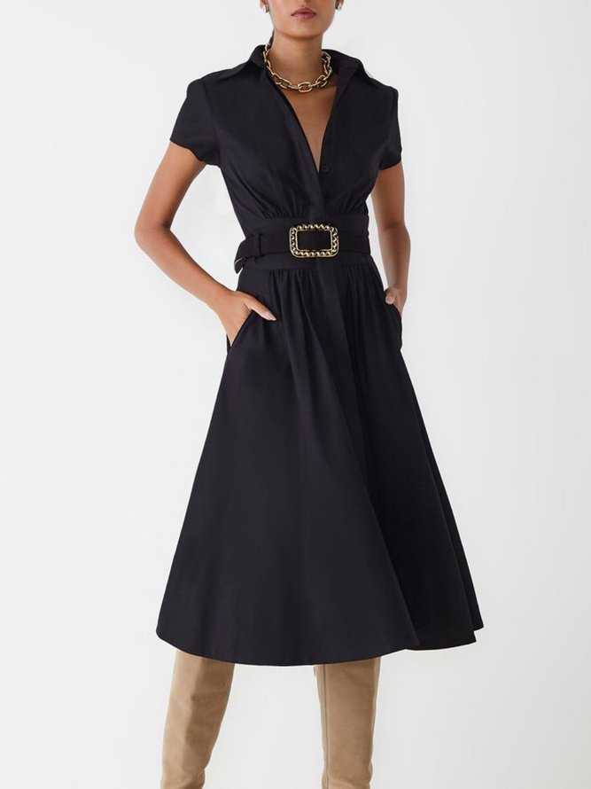 Short Sleeve Plain Casual Midi Dress (no belt)