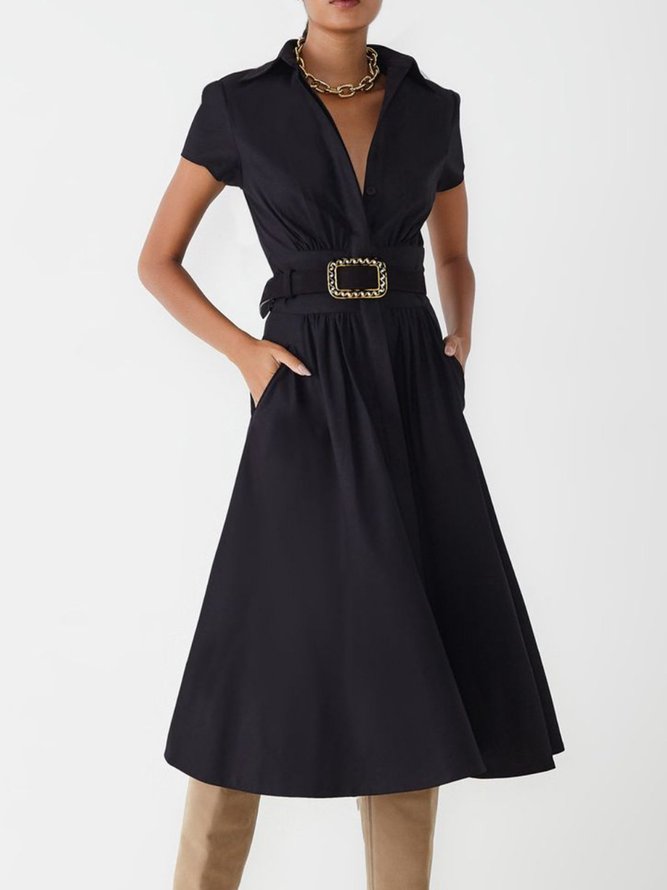 Short Sleeve Plain Casual Midi Dress (no belt)