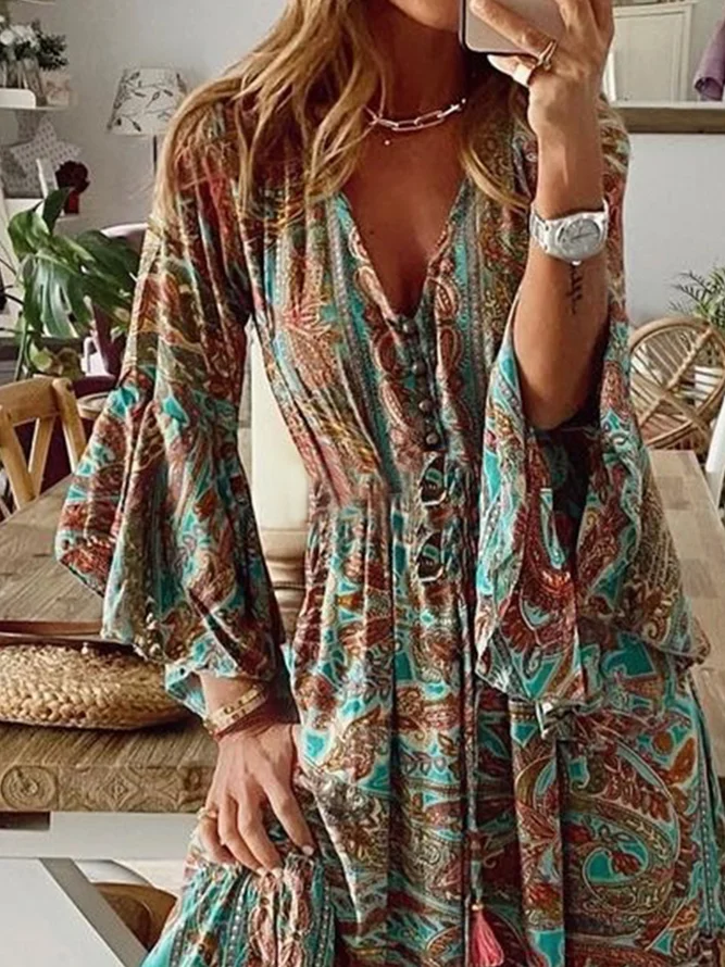 New Women Chic Plus Size Vintage Boho Hippie Shift Holiday Floral Sleeve Weaving Dress Stylewe