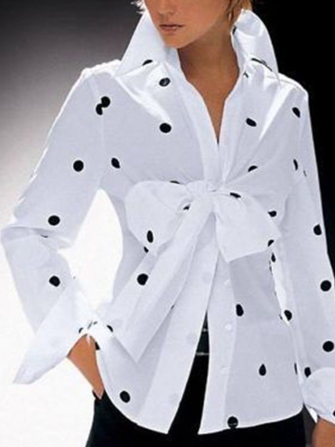 Shirt Collar Long Sleeve Polka Dots Top