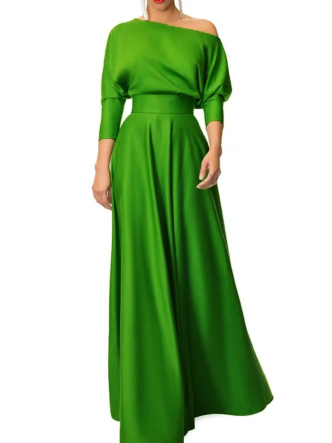 3/4 Sleeve Plain One Shoulder Cocktail Maxi Dress