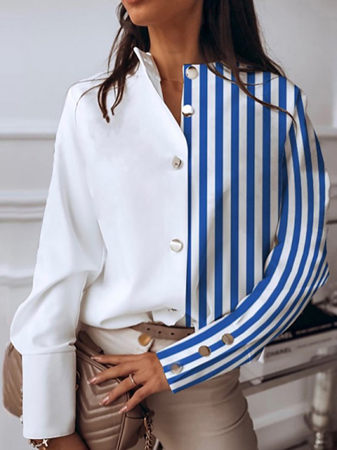 Stripes Long Sleeve Casual Stand Collar Top