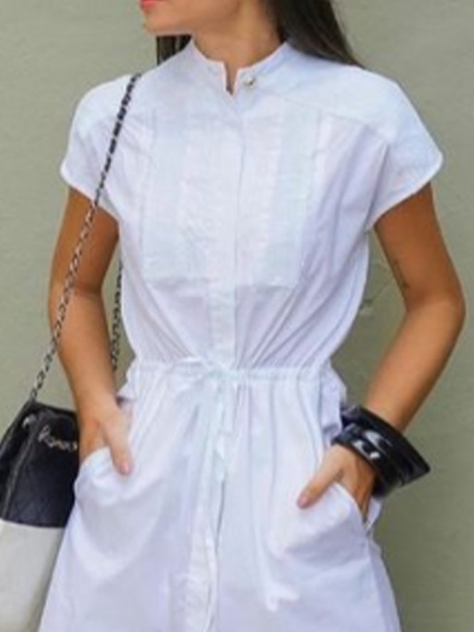 Stand Collar Short Sleeve Solid Pockets Maxi Dress