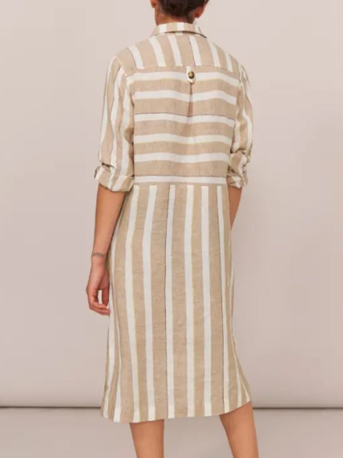 Cotton Stripes Casual Shirt Collar Dress