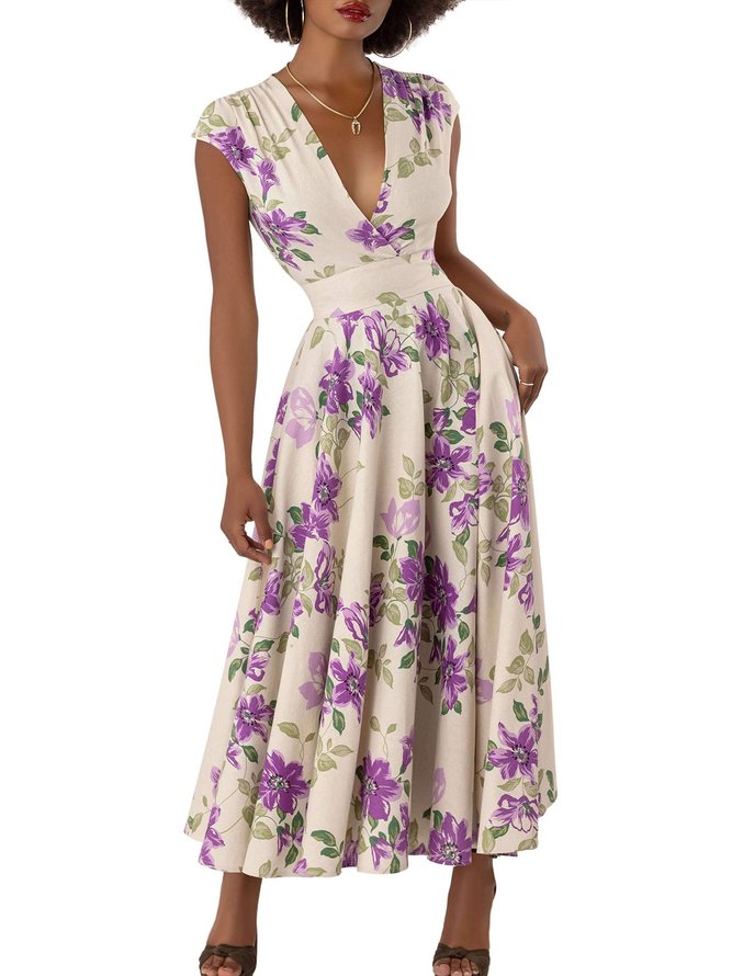 Short Sleeve Resort Floral Printed Midi Dress