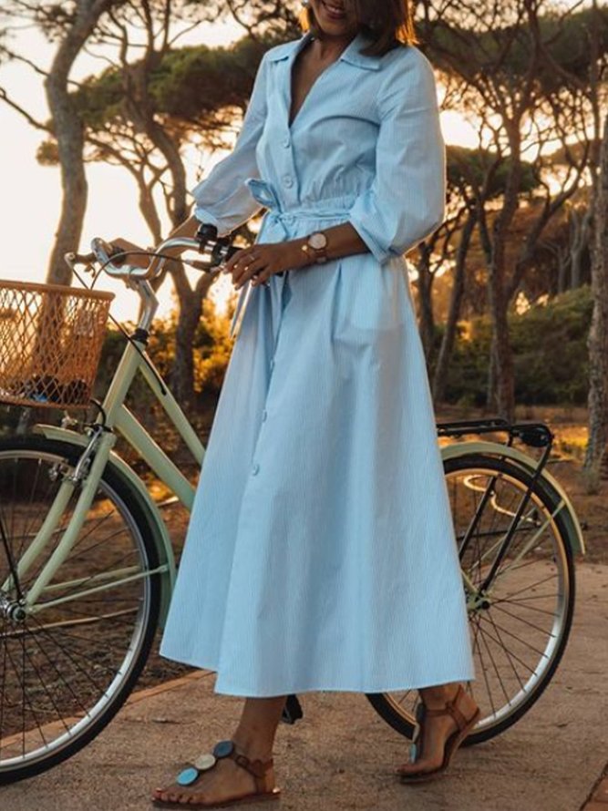Shirt Collar Elegant Cotton Striped Maxi Dress stylewe