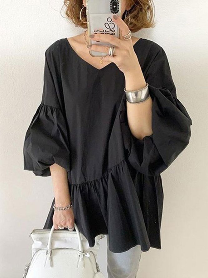 3/4 Sleeve V Neck Solid Shift Casual Top