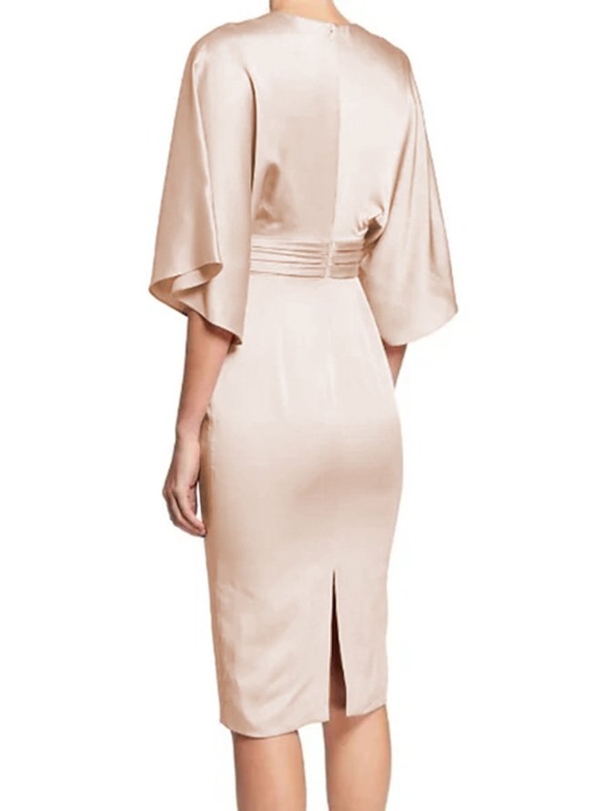 V Neck Elegant Solid Shift Half Sleeve Midi Dress