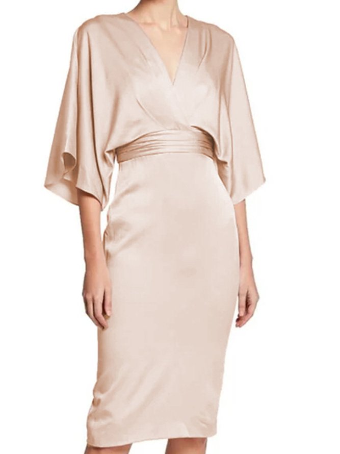 V Neck Elegant Solid Shift Half Sleeve Midi Dress