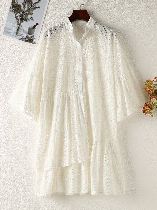 Shirt Collar Mini Dresses A-Line Cotton-Blend Plain Dress