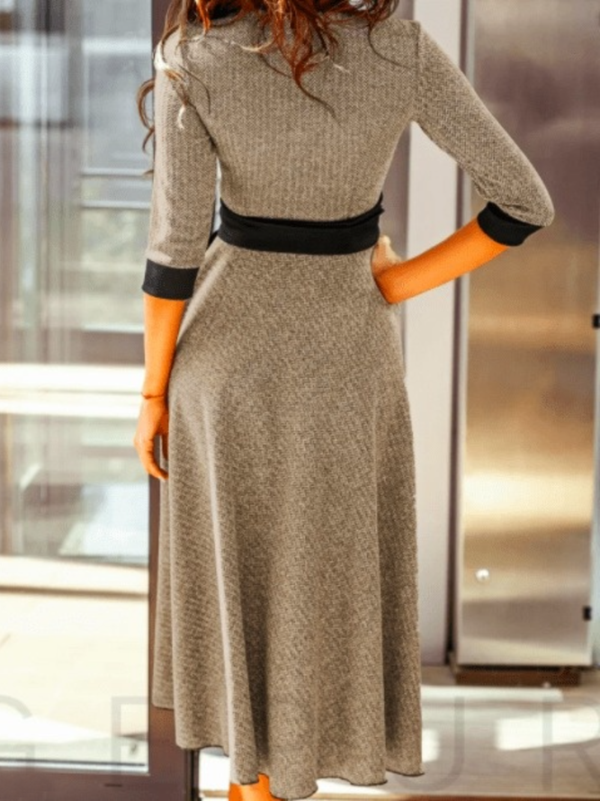 Fall Color-block Cotton A-Line 3/4 Sleeve Lady Dresses
