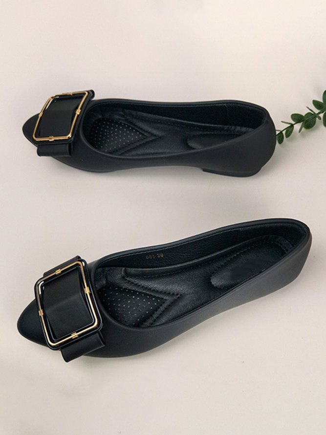 Gold Metal Square Buckle Shallow Toe Flats