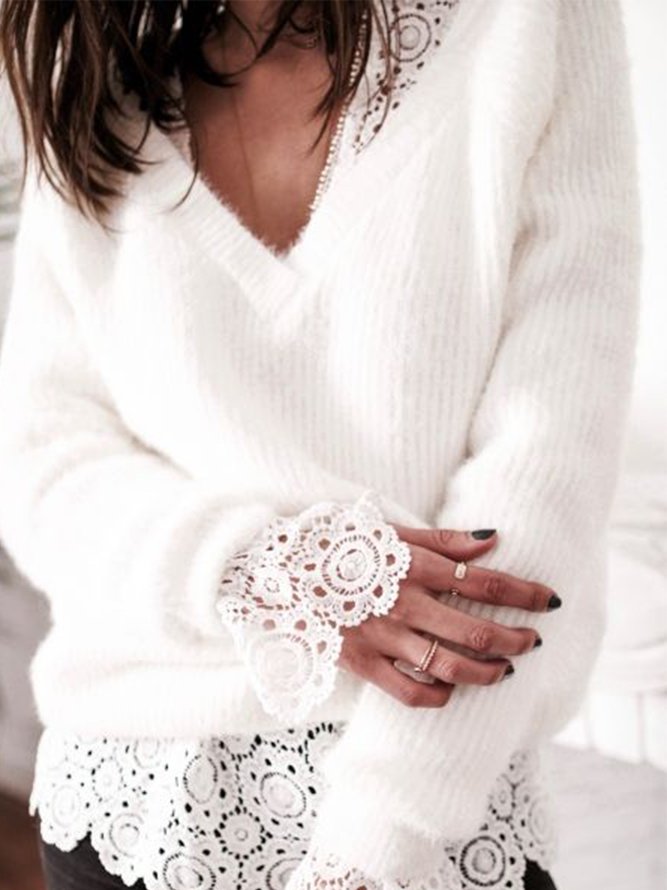 Long Sleeve V Neck Solid Daily Sweater
