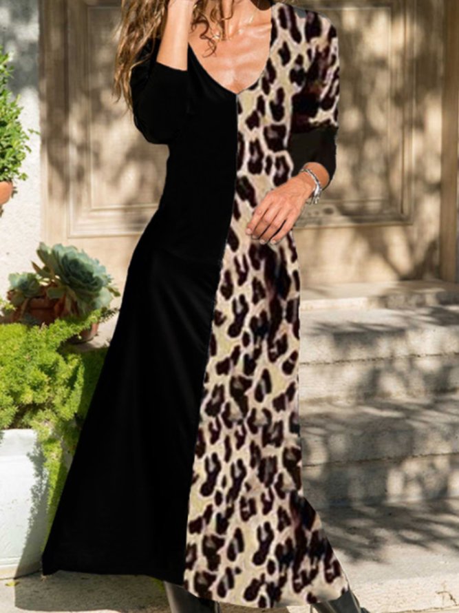 Elegant V Neck Leopard Dress