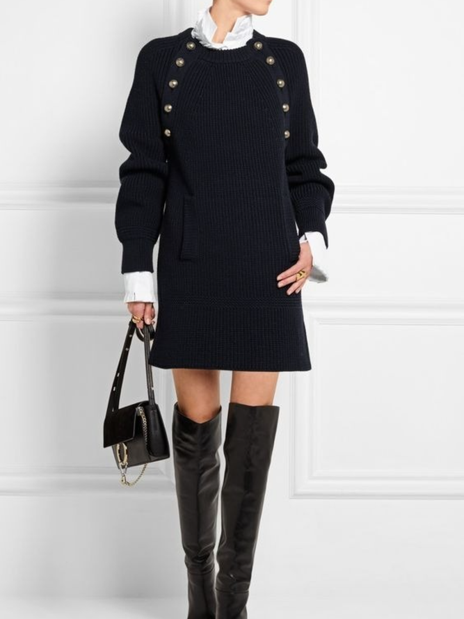 Winter Elegant A-line High Stretch Mid-weight Date Daily Long sleeve Sweater Dress