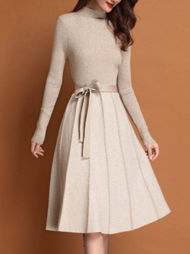 Stand Collar Long Sleeve Elegant Sweater Dress
