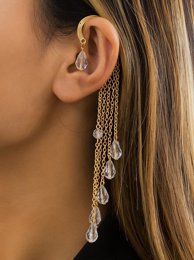 Fashion Metal XTassel Chain Crystal Hanging Ear Earrings