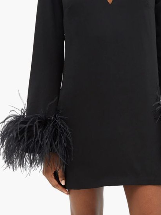 Lady Long Sleeve Solid Regular Fit Black Mini Dress