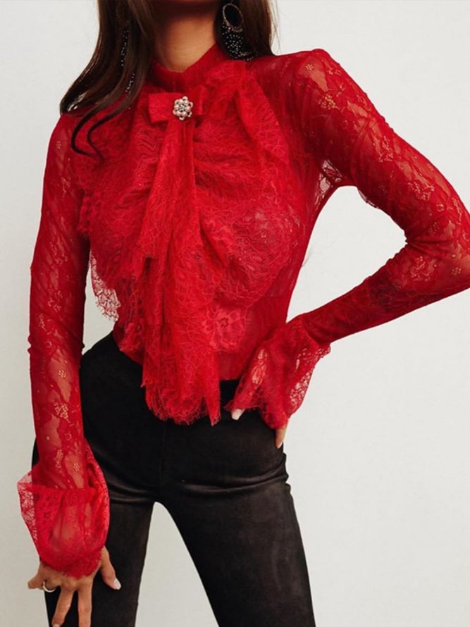 Elegant Lace Solid Bow Stand Collar  Top