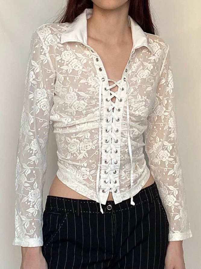 Long sleeve Daily Solid Regular Fit Lace Top