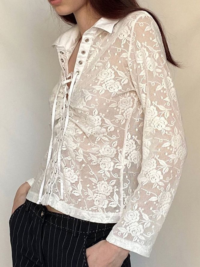 Long sleeve Daily Solid Regular Fit Lace Top