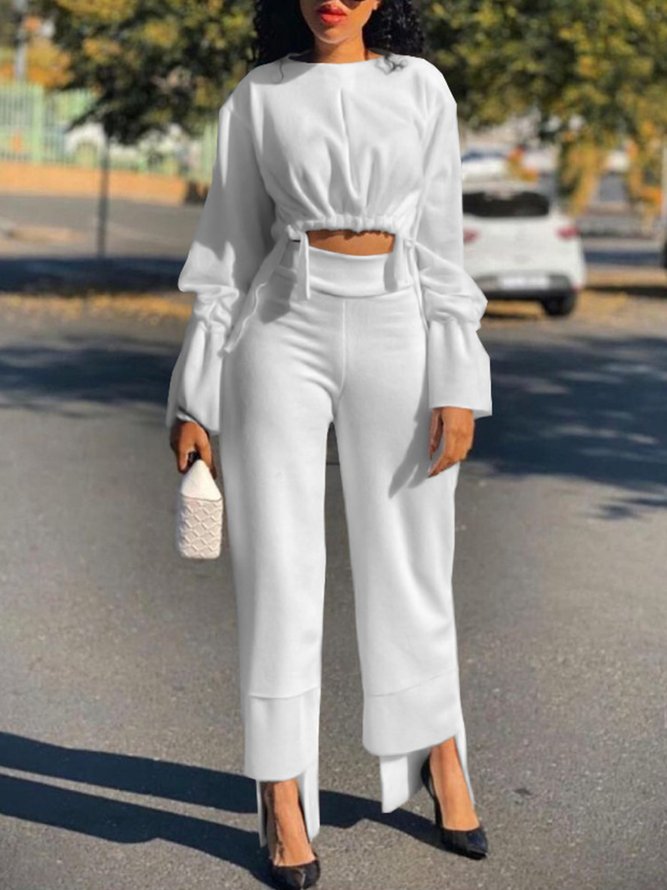 Casual Crew Neck Long Sleeve Solid Suit