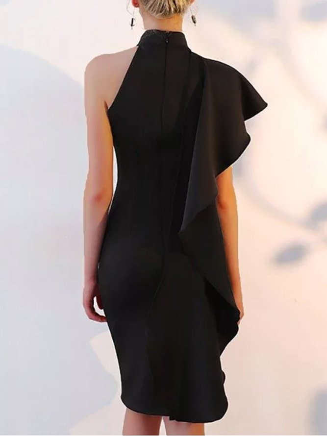 Elegant Stand Collar Skinny Solid Mini Dress