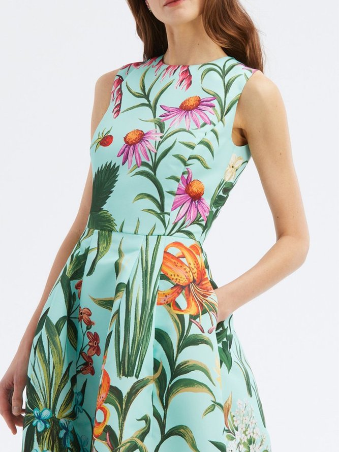 Floral Elegant Sleeveless Regular Fit Midi Dress