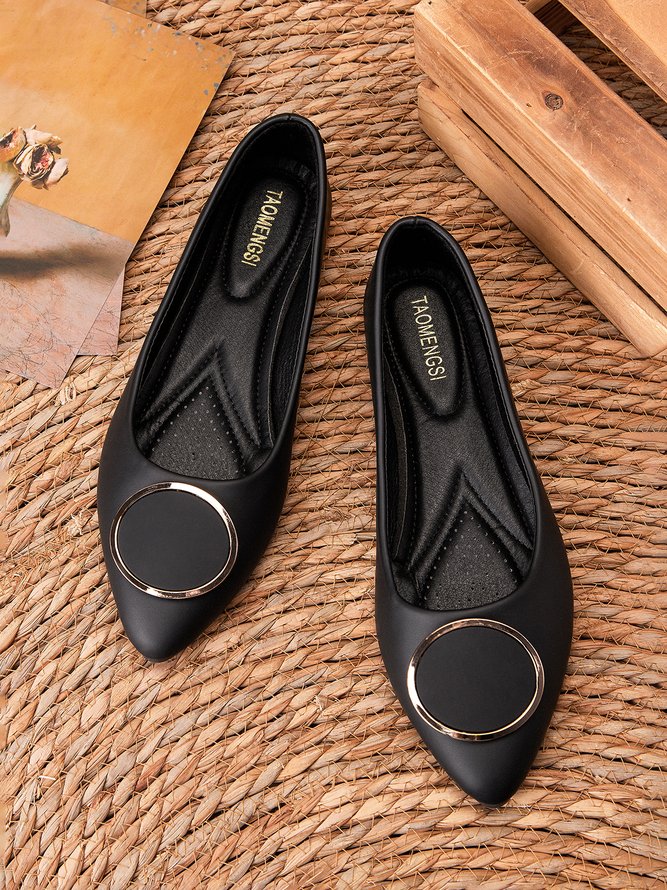 Shallow Toe Flat Shoes With Golden Metal Round Buckle