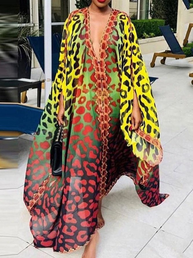 Loosen Vacation Leopard Long Sleeve Woven Dress