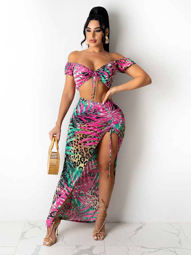 Sexy Lace Up Print Top Cutout Drawstring Skirt Swimsuit Set