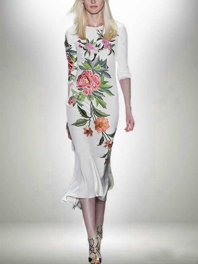 Lady Crew Neck Floral Regular Fit Long Sleeve Midi Dress