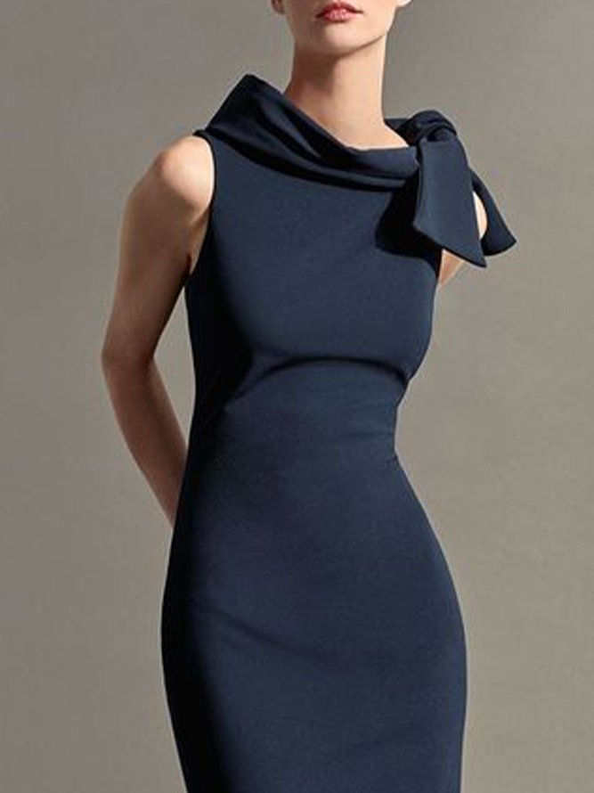 Elegant Lace-up  Solid Stand Collar Sleeveless Dress