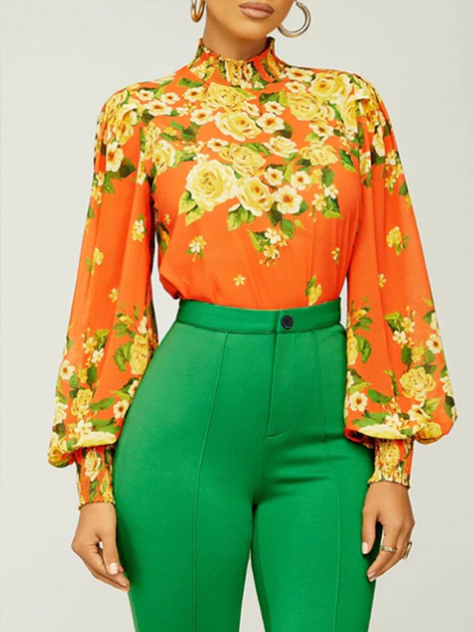 Vacation Stand Collar Long Sleeve Floral Printed Top