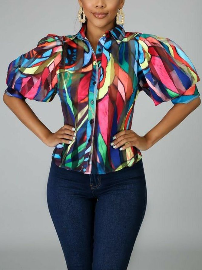 Abstract Regular Fit Short Sleeve Blouse